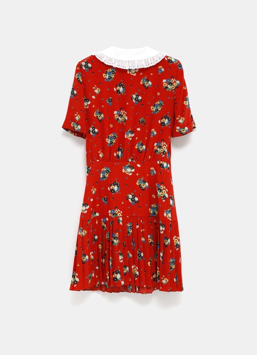 Daisy Print Silk Pleated Mini Dress with Collar