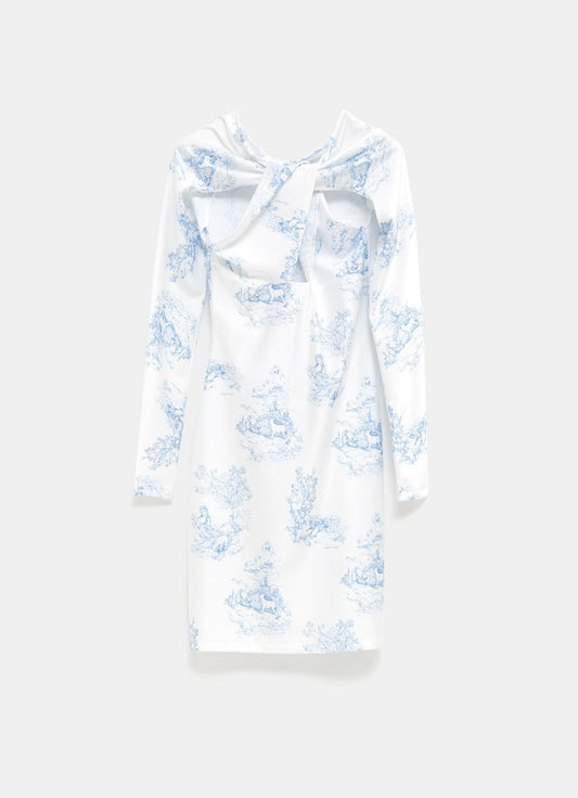 Toile de Jouy Print Twisted Cut-Out Jersey Dress
