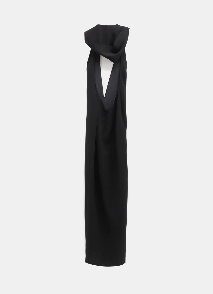 Long Black Dress With Halter Neckline And Hood