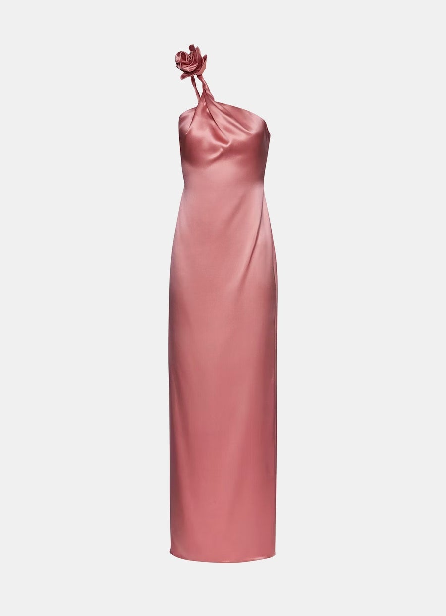 One Shoulder Rose Appliqué Silk Midi Dress