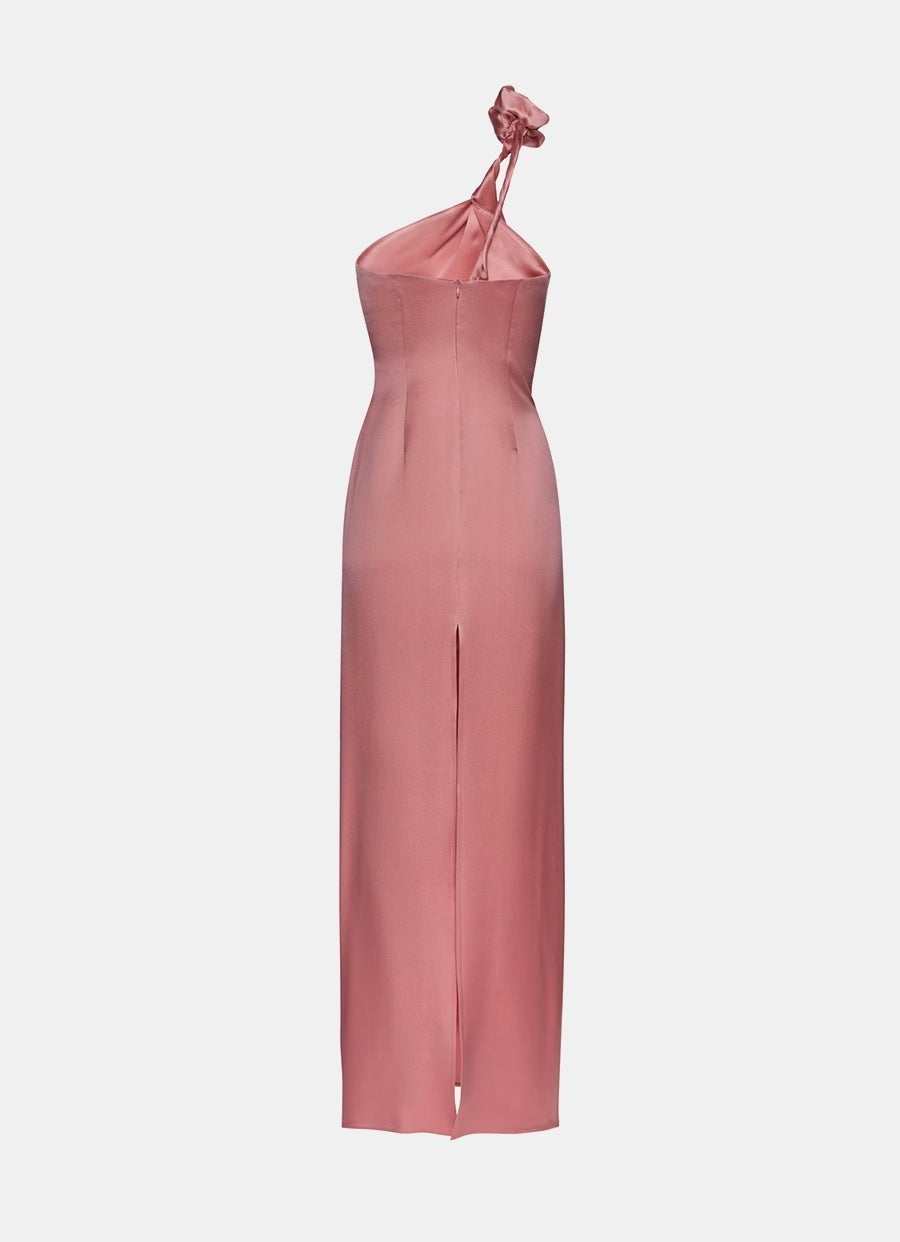 One Shoulder Rose Appliqué Silk Midi Dress