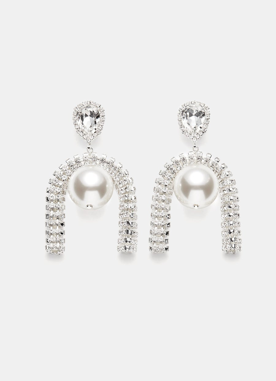 Crystal Mesh Tube Pearl Earrings
