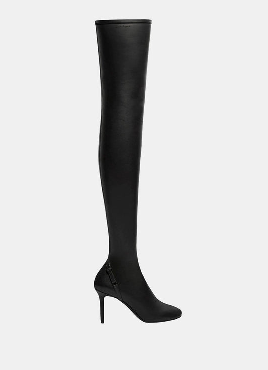 Oblique Stretch Leather Effect Thigh Boots