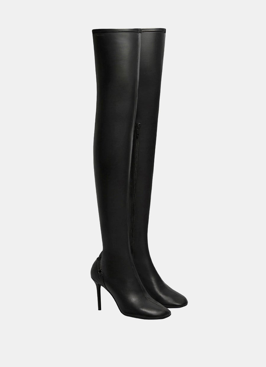 Oblique Stretch Leather Effect Thigh Boots