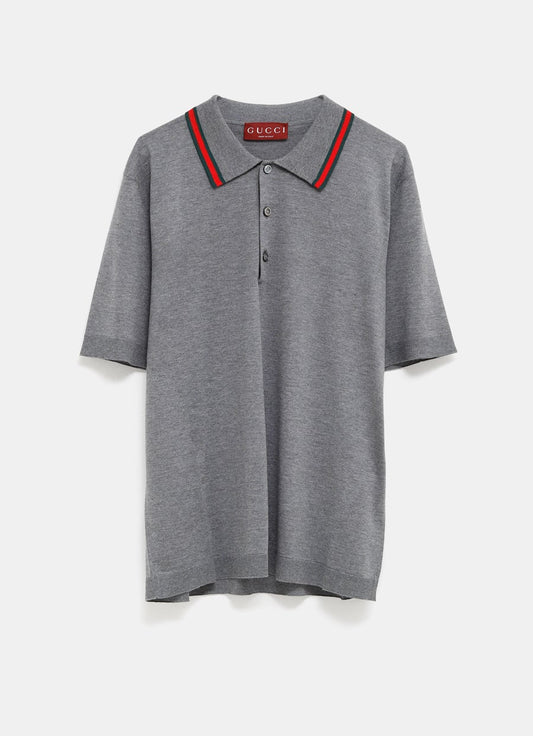 Wool Knit Polo Shirt with Web for Men