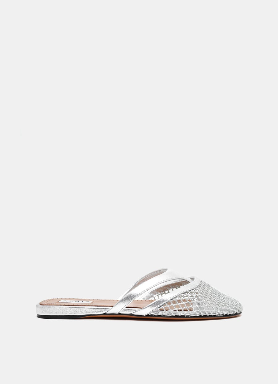 Infradito Flat Mules in Silver Fishnet and Leather