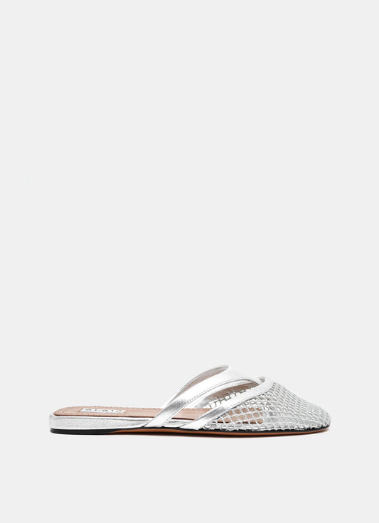 Infradito Flat Mules in Silver Fishnet and Leather