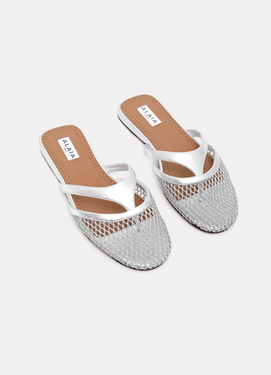 Infradito Flat Mules in Silver Fishnet and Leather