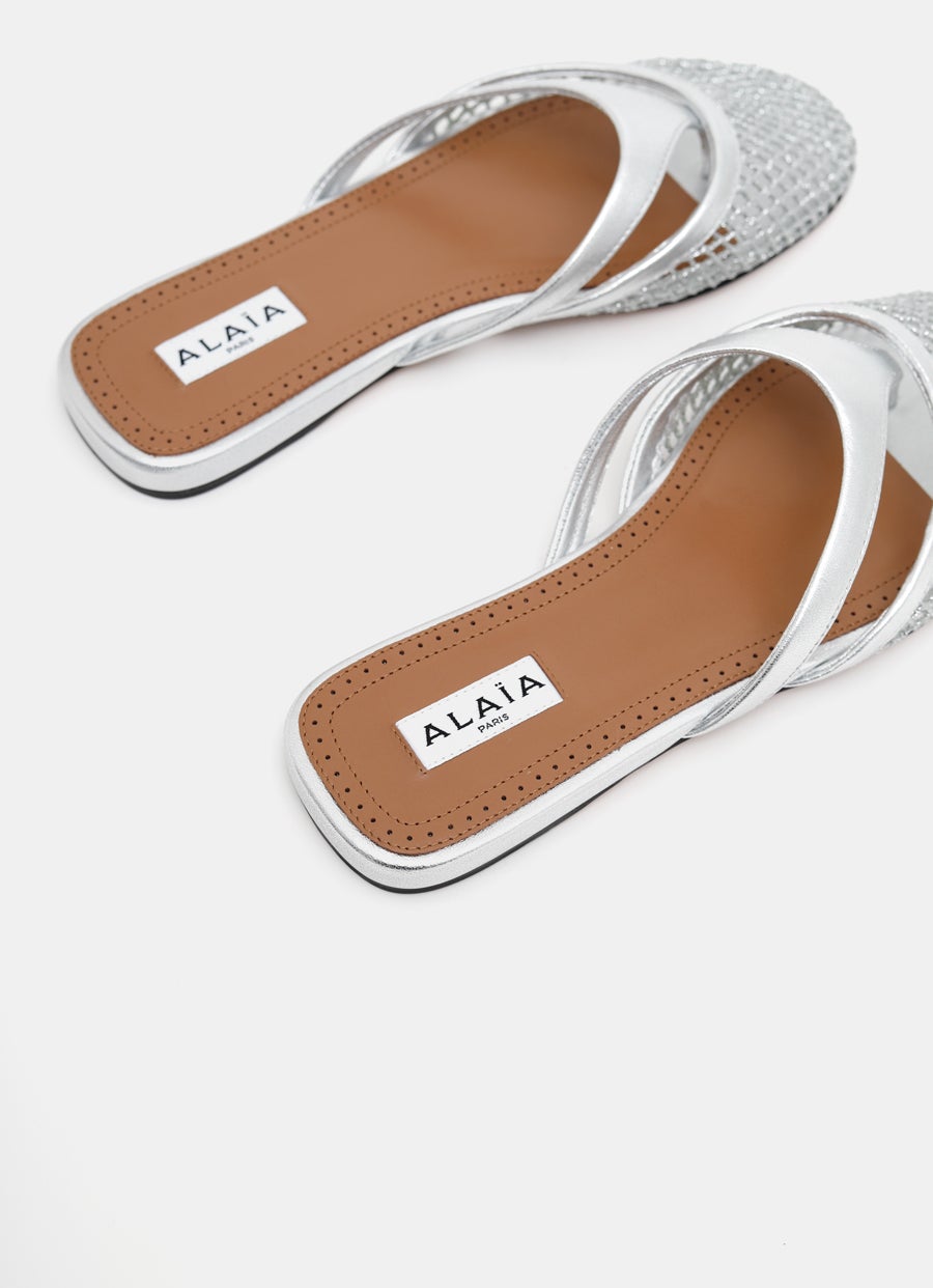 Infradito Flat Mules in Silver Fishnet and Leather