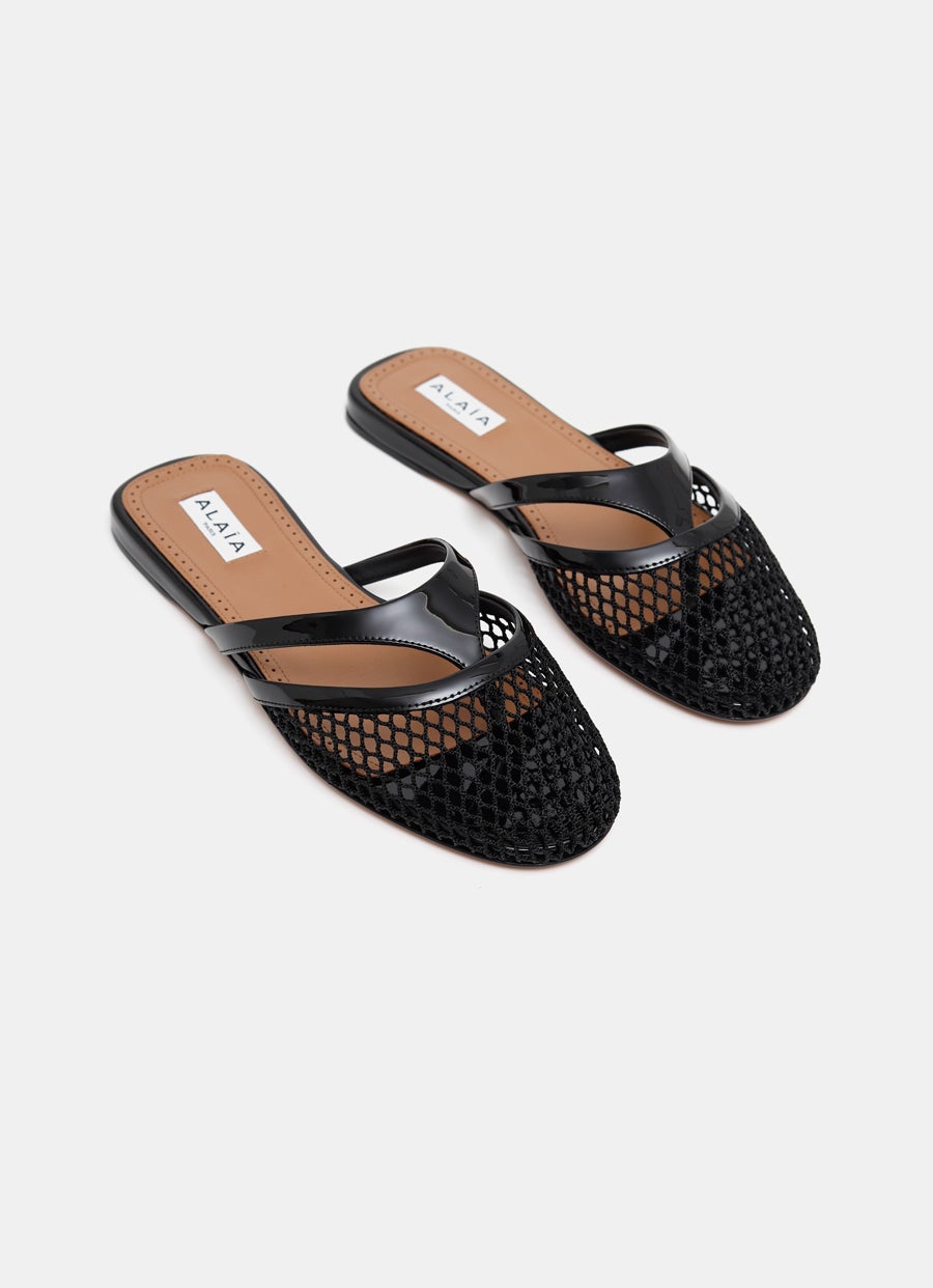 Infradito Flat Mules in Fishnet and Leather