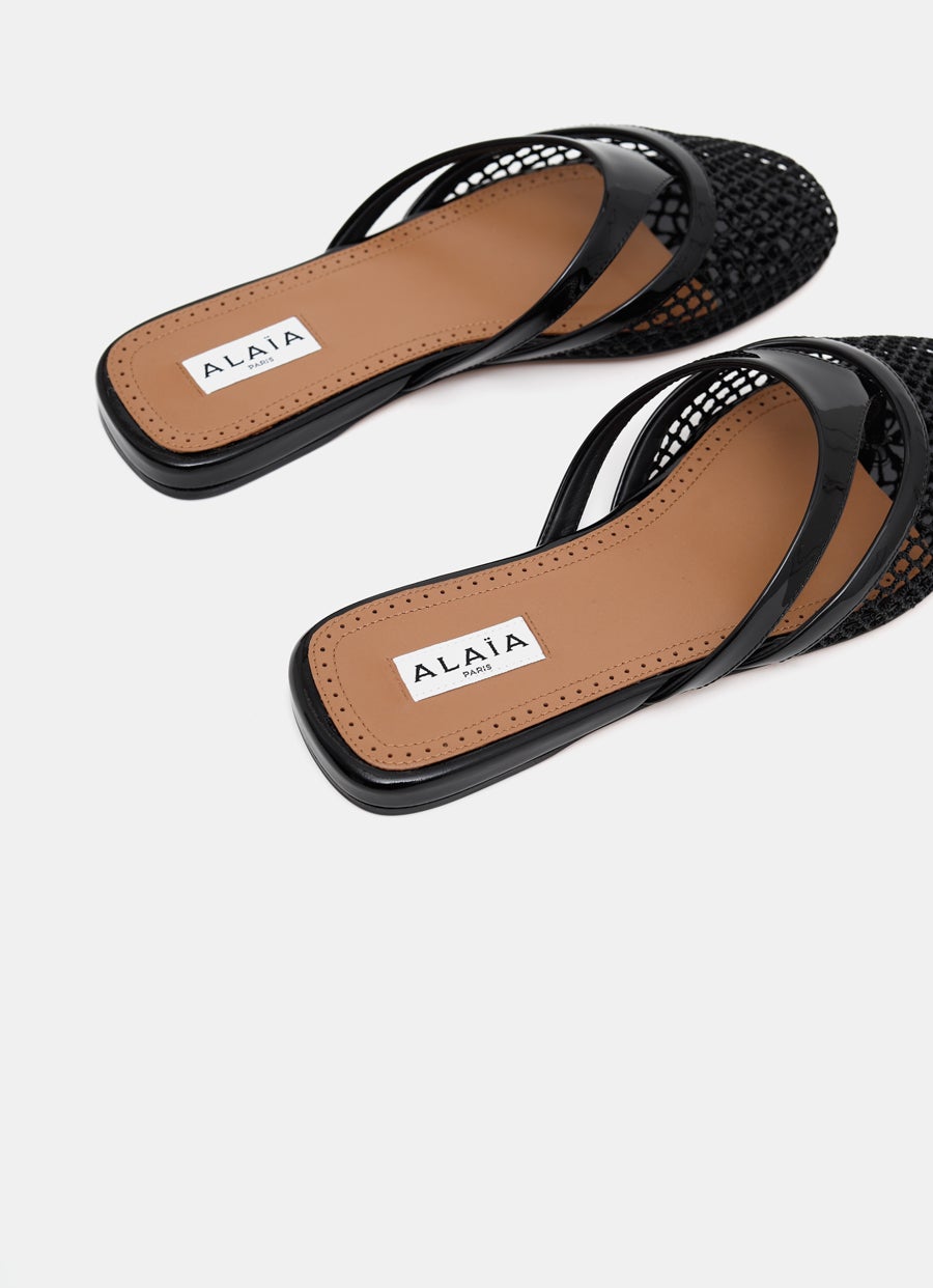 Infradito Flat Mules in Fishnet and Leather