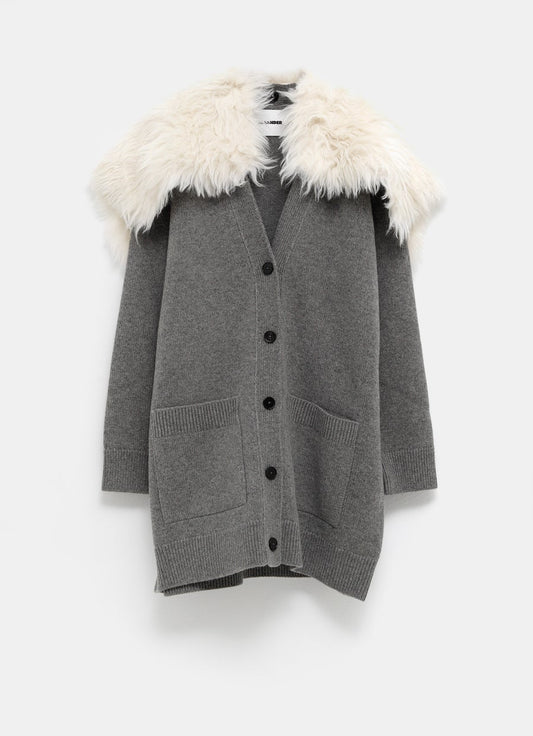 V-Neck Cardigan with Fur Collar