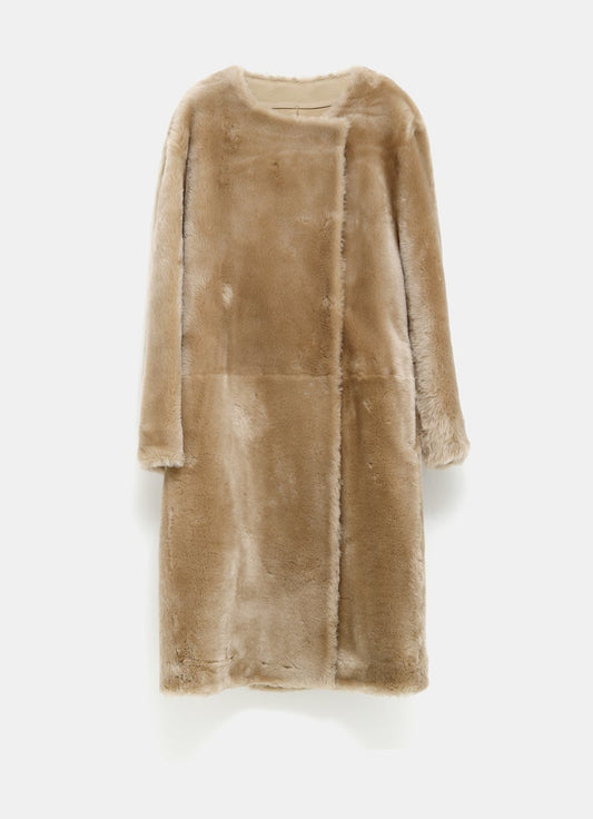 Collarless Shearling Coat