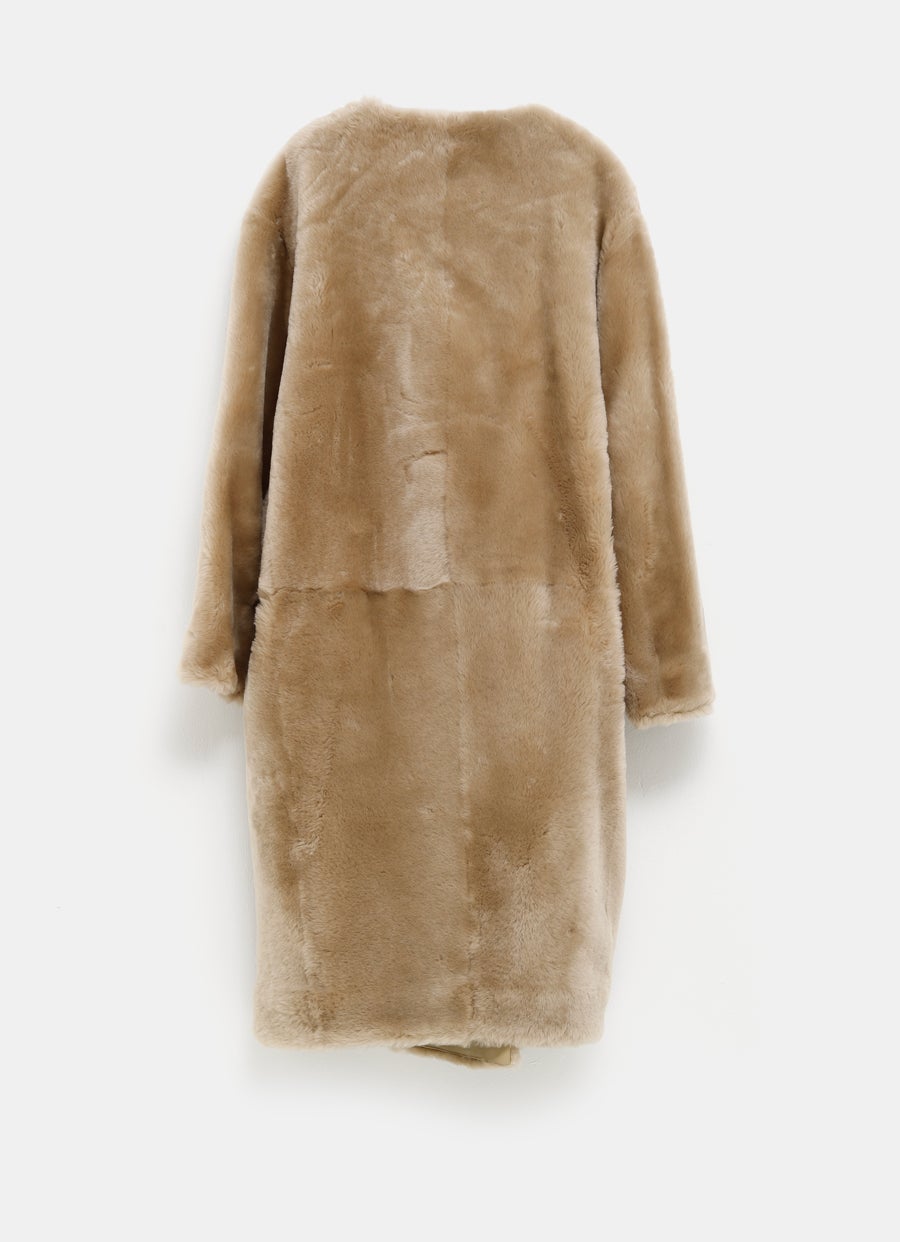 Collarless Shearling Coat
